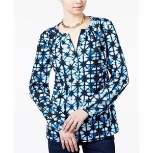 TOMMY HILFIGER Black Blue & White Geometric Tie-Dye Blouse Long Sleeve XL